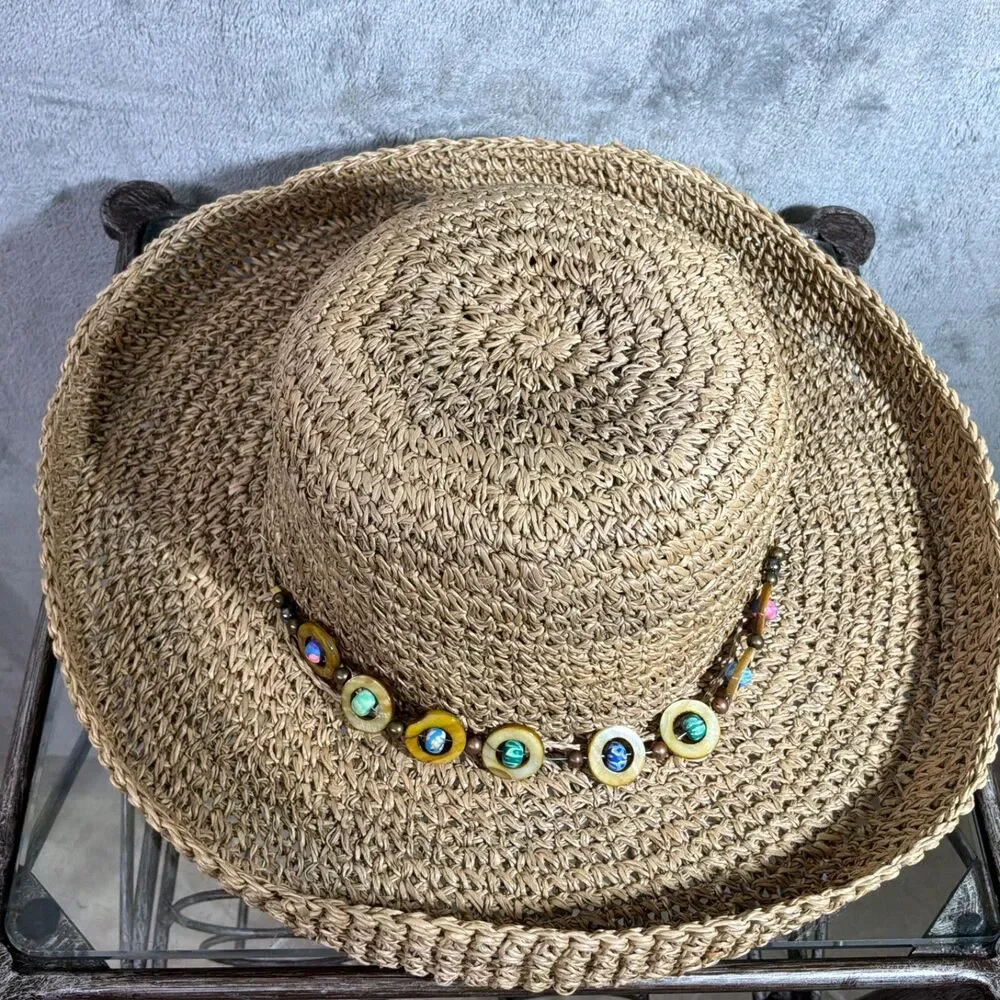 Women’s Summer Beaded Band Beach Straw Wide Brim Panama Style Sun Hat Adj. OS
